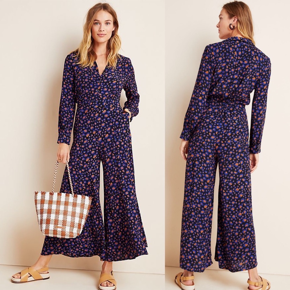Anthropologie navy leopard Floral Jumpsuit with Pink & Orange Accents